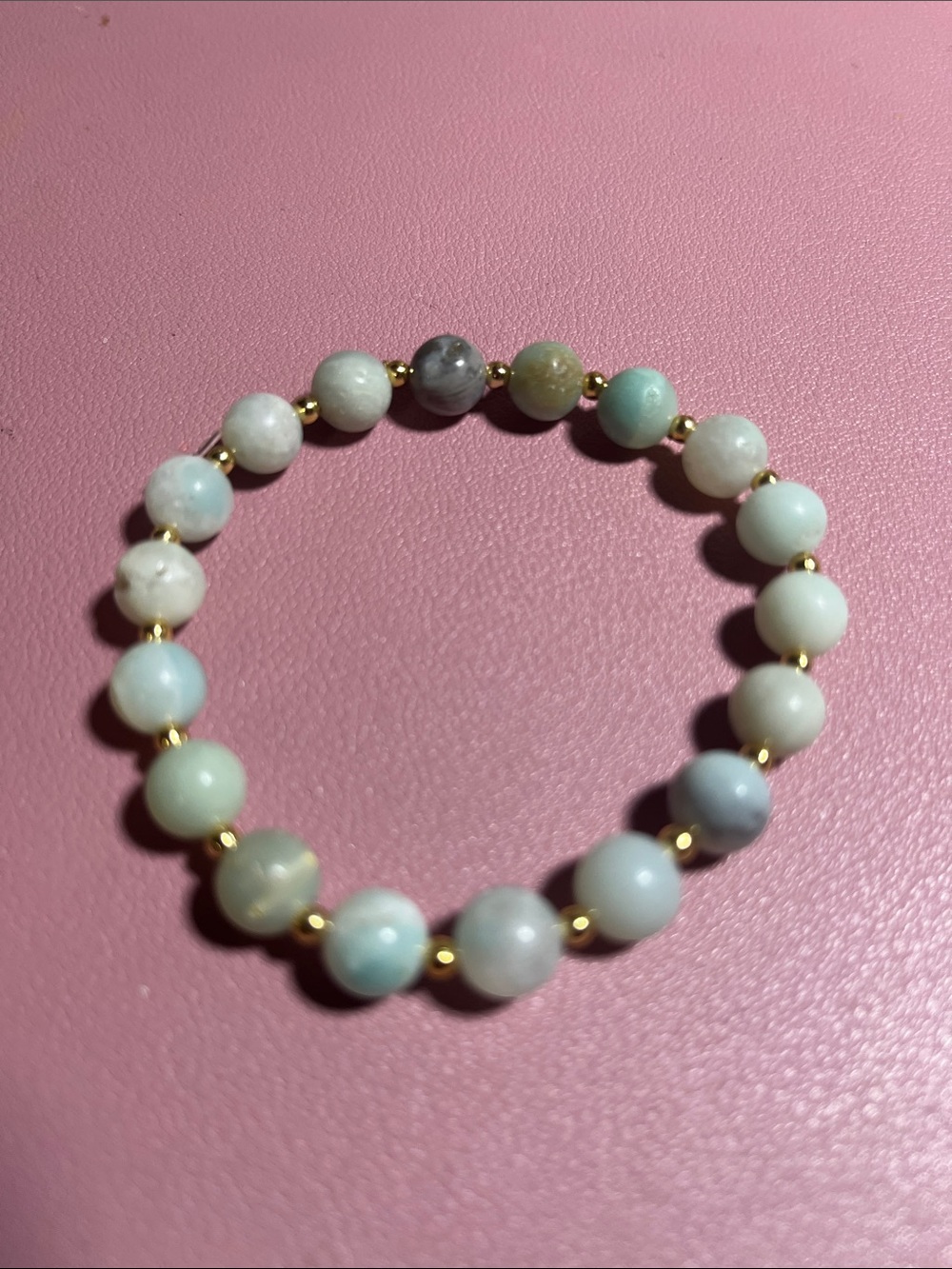 Amazonite Beaded Stretch Bracelet with Gold Accent Beads - Light Aqua